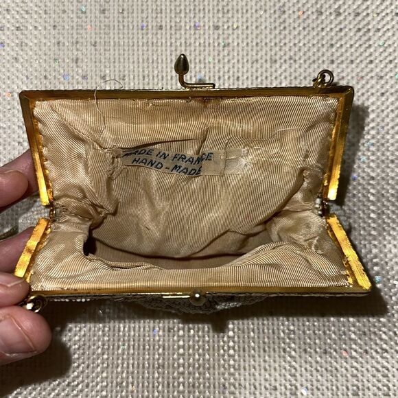 Vintage Beaded Kissing Wallet Clutch Ivory Gold Tone Floral - Picture 5 of 5